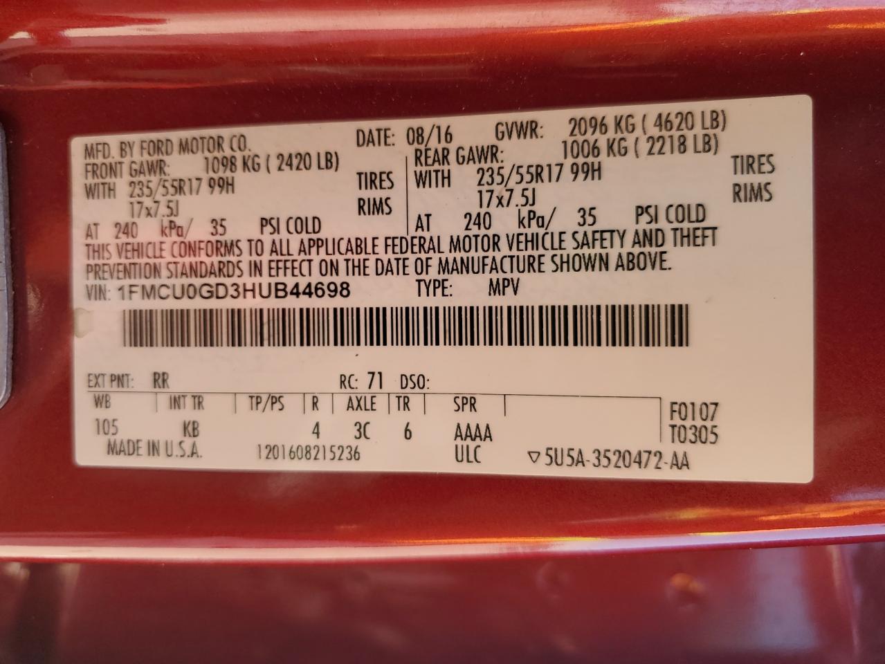 2017 Ford Escape Se VIN: 1FMCU0GD3HUB44698 Lot: 80564435