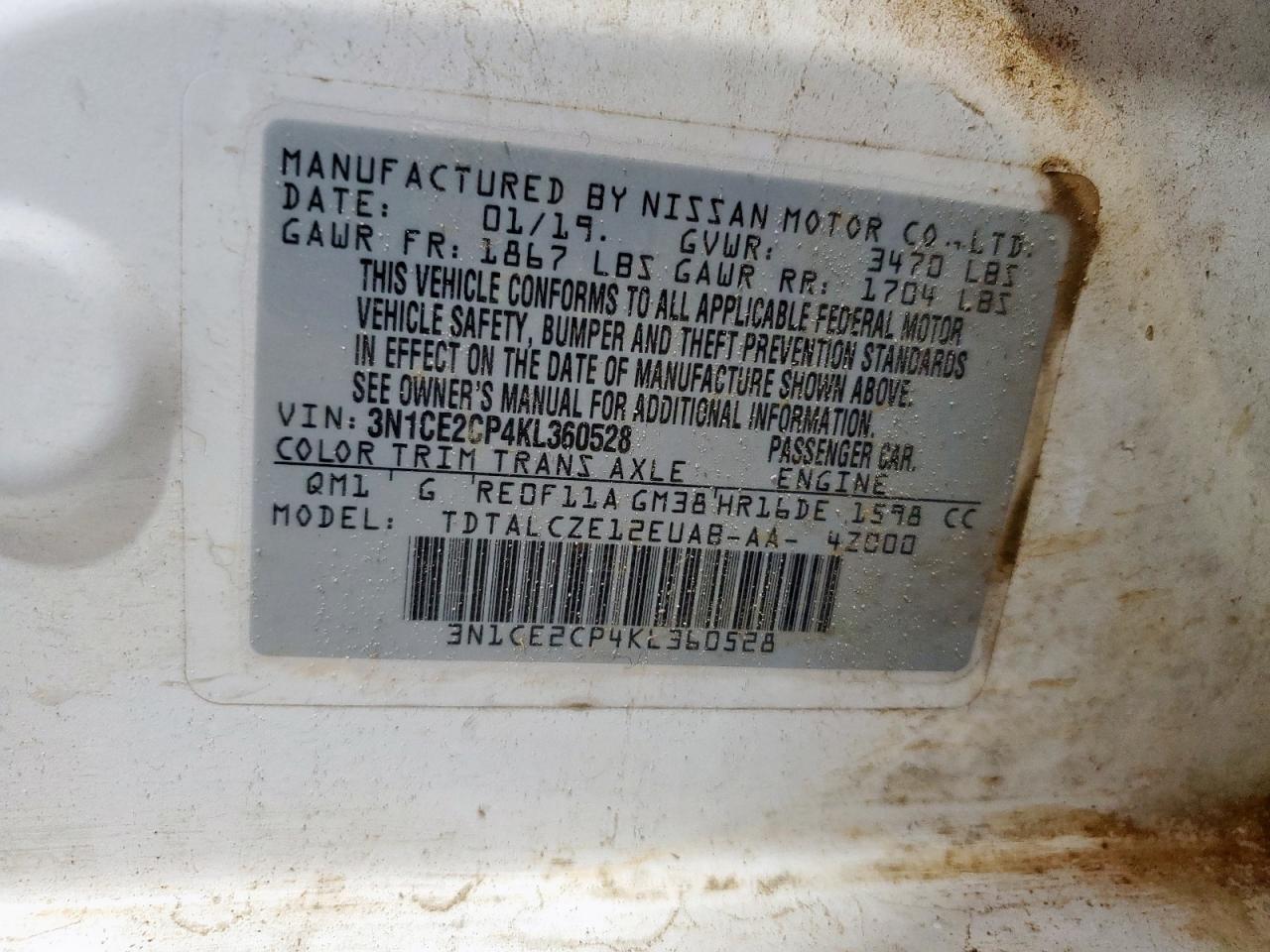 2019 Nissan Versa Note S VIN: 3N1CE2CP4KL360528 Lot: 84811005
