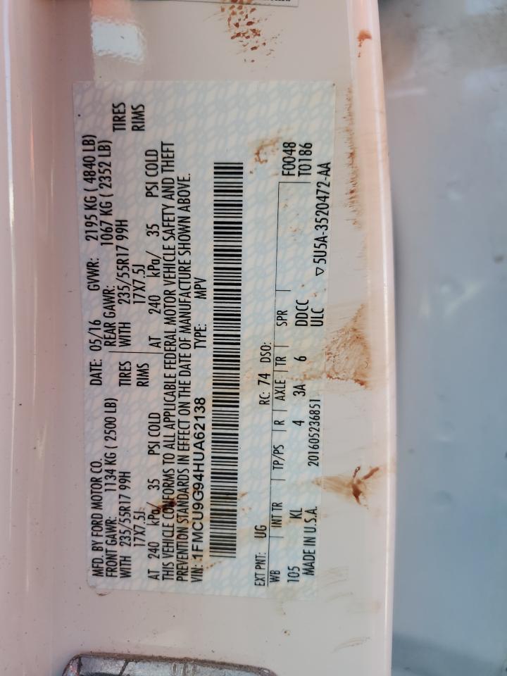 2017 Ford Escape Se VIN: 1FMCU9G94HUA62138 Lot: 81280395