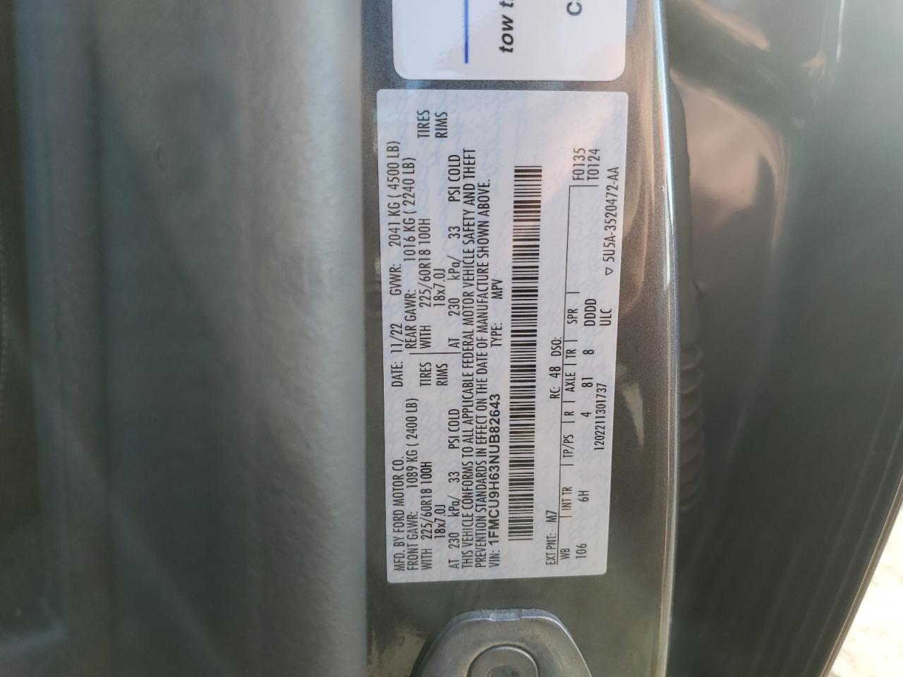 2022 Ford Escape Sel VIN: 1FMCU9H63NUB82643 Lot: 80895565