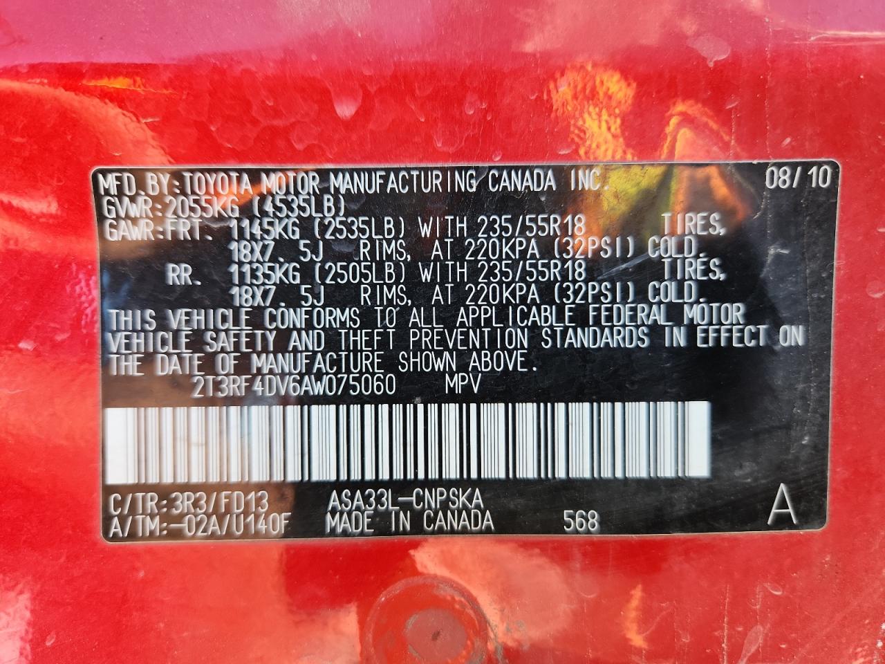 2010 Toyota Rav4 Sport VIN: 2T3RF4DV6AW075060 Lot: 80339405