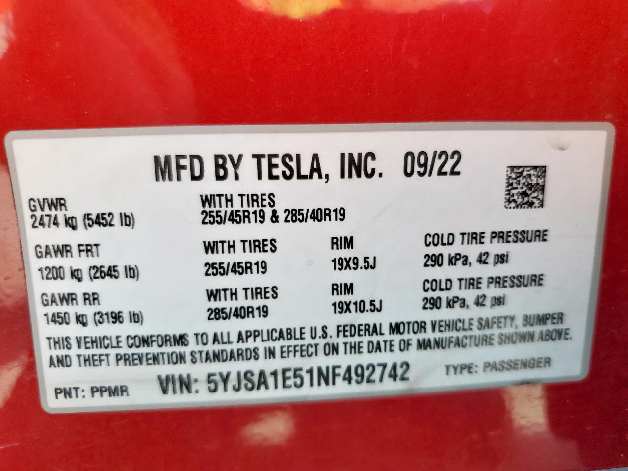 2022 Tesla Model S VIN: 5YJSA1E51NF492742 Lot: 71975975