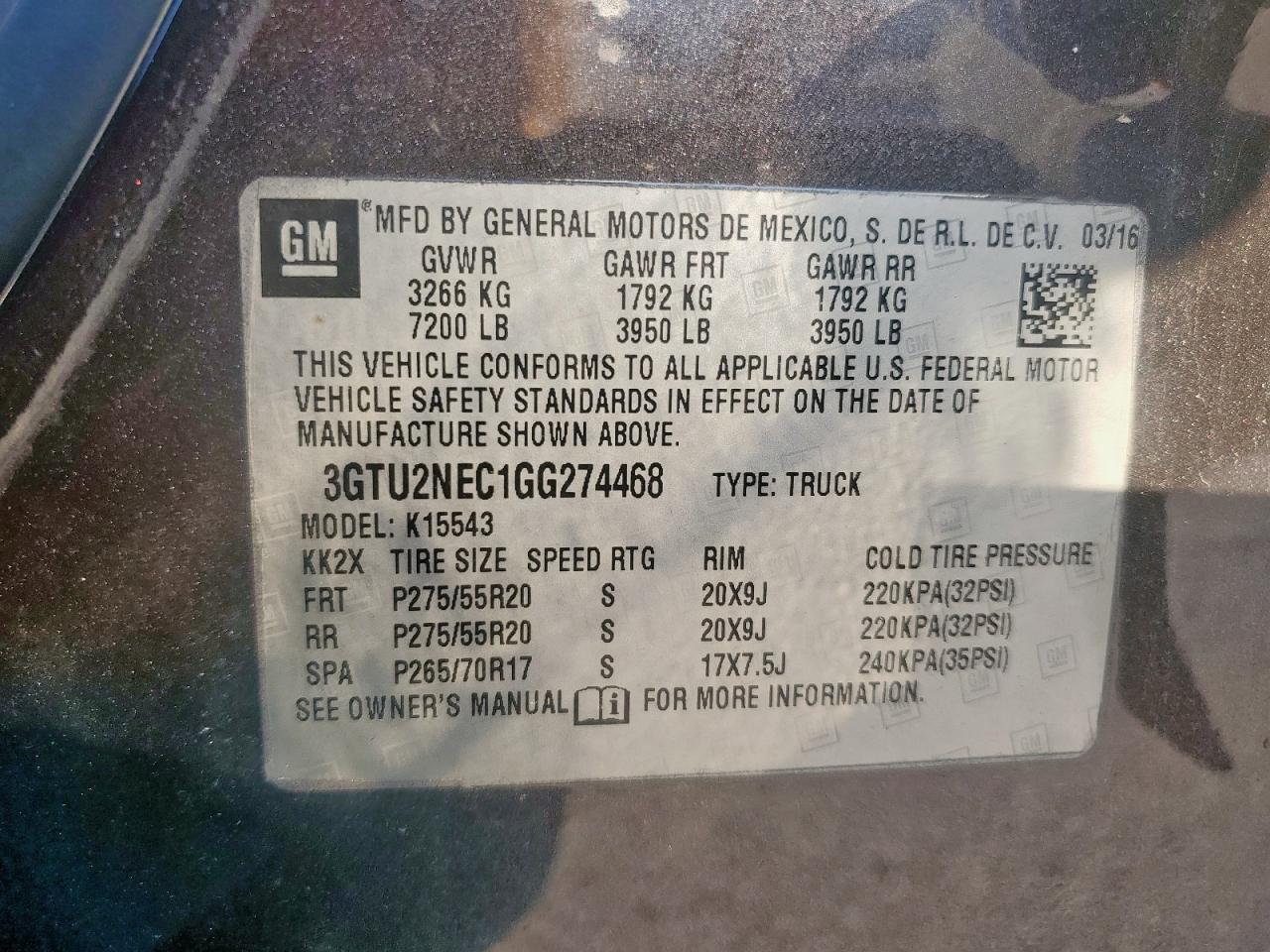 2016 GMC Sierra K1500 Slt VIN: 3GTU2NEC1GG274468 Lot: 71543885