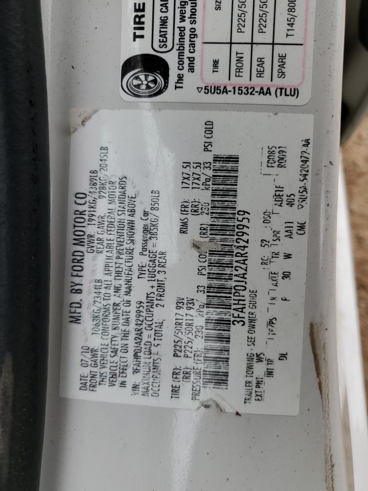 2010 Ford Fusion Sel VIN: 3FAHP0JA2AR429959 Lot: 80380755