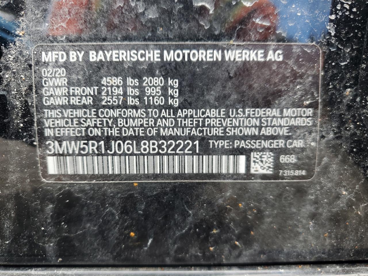 2020 BMW 330I VIN: 3MW5R1J06L8B32221 Lot: 80451035