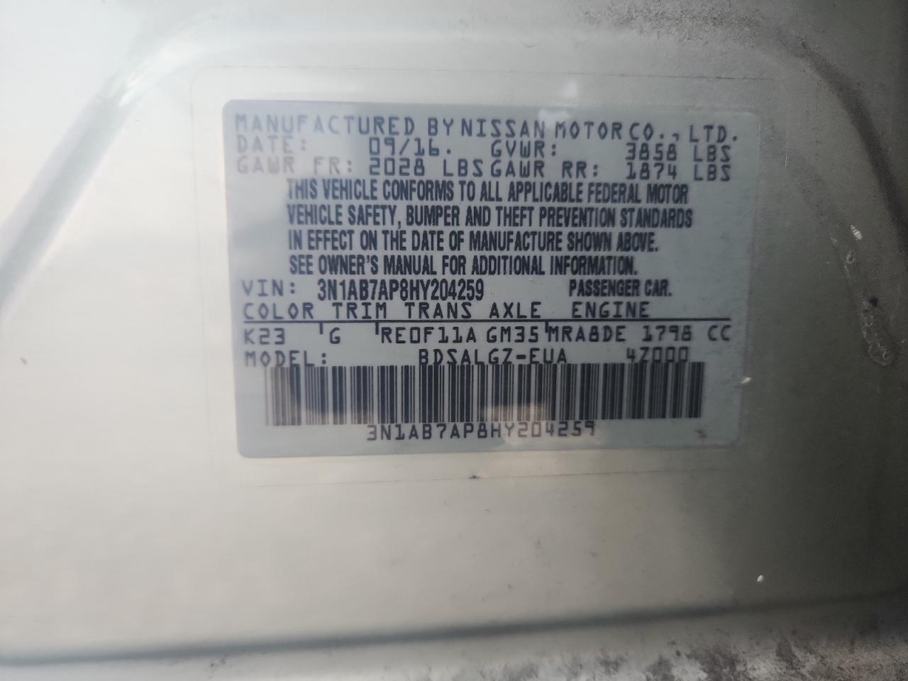 2017 Nissan Sentra S VIN: 3N1AB7AP8HY204259 Lot: 81317875