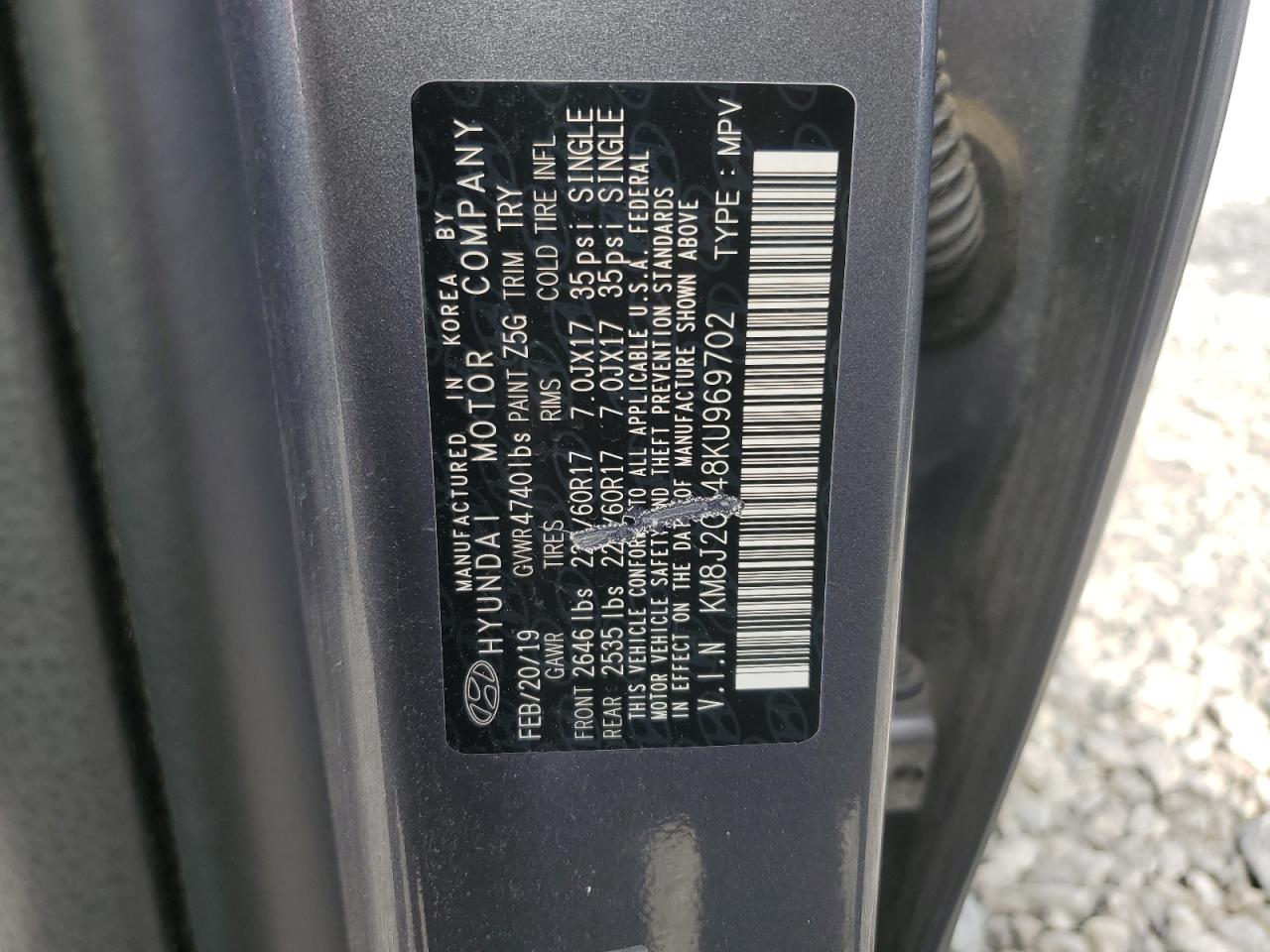 2019 Hyundai Tucson Se VIN: KM8J2CA48KU969702 Lot: 71694415