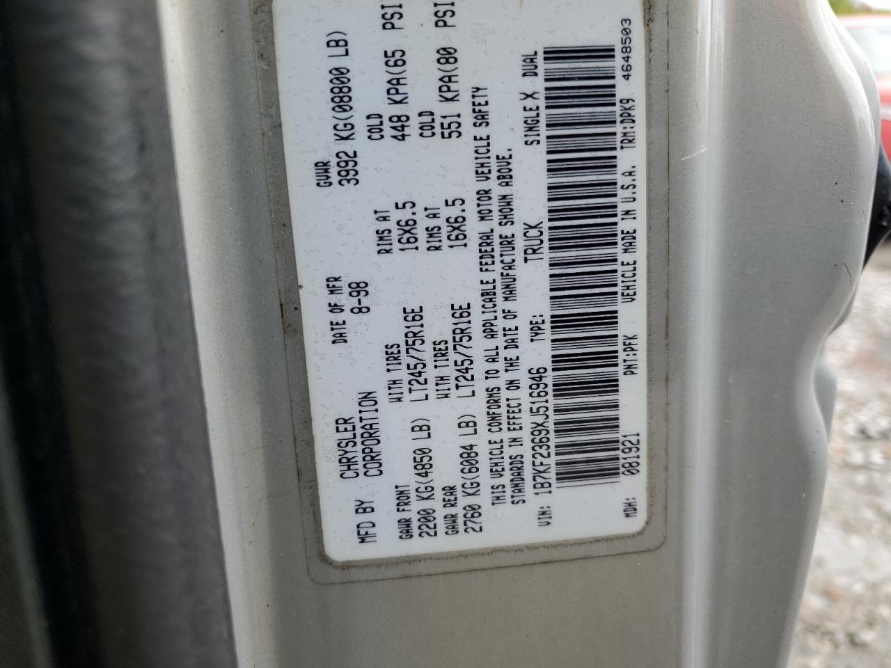 1999 Dodge Ram 2500 VIN: 1B7KF2369XJ516946 Lot: 84019525