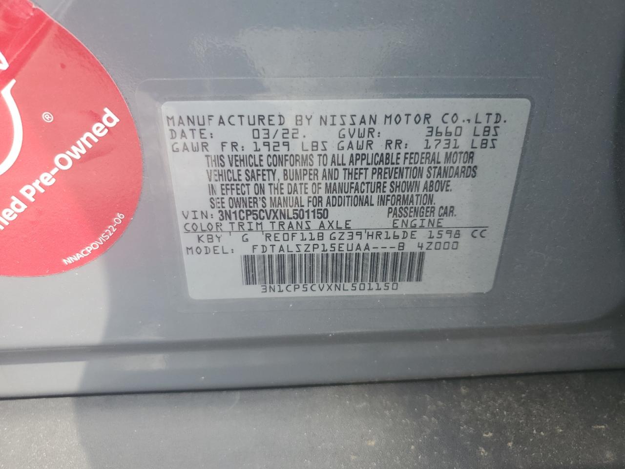 2022 Nissan Kicks Sv VIN: 3N1CP5CVXNL501150 Lot: 80521745