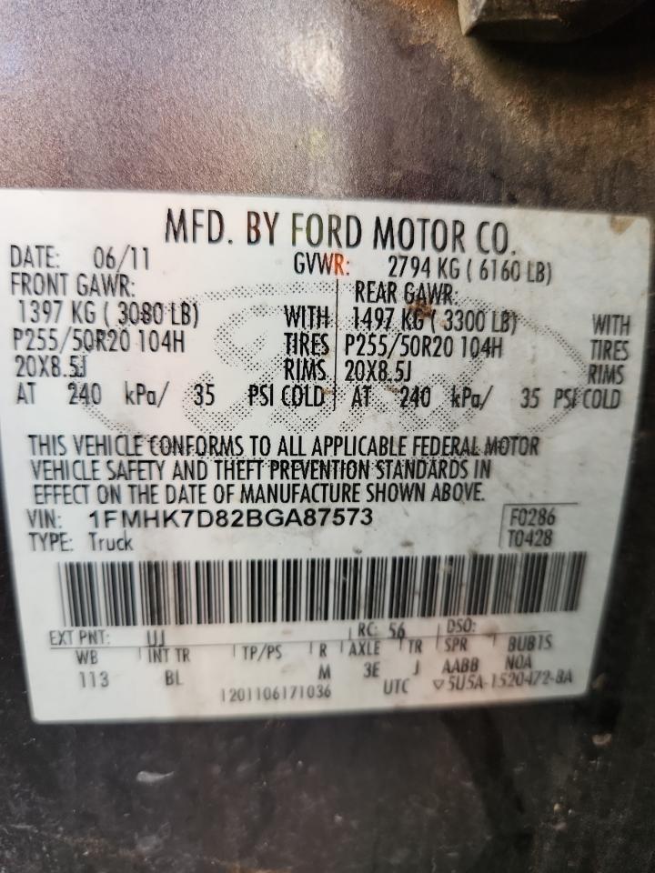 2011 Ford Explorer Xlt VIN: 1FMHK7D82BGA87573 Lot: 84567405