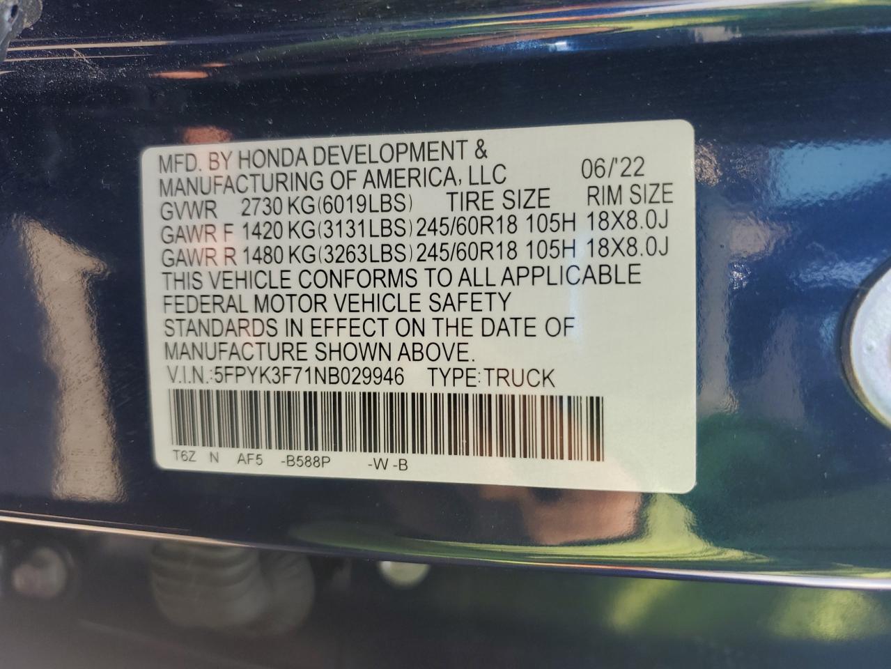 2022 Honda Ridgeline Rtl VIN: 5FPYK3F71NB029946 Lot: 72018545