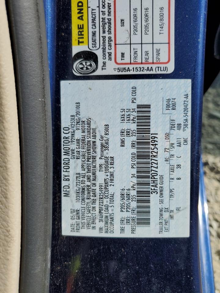 2007 Ford Fusion Se VIN: 3FAHP07Z27R254991 Lot: 80307965