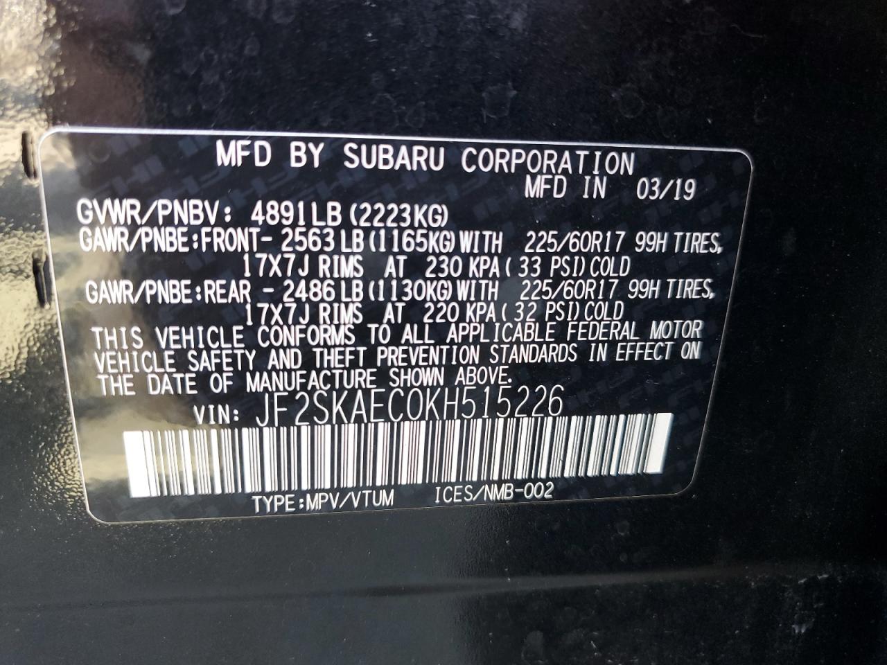 2019 Subaru Forester Premium VIN: JF2SKAEC0KH515226 Lot: 81332635