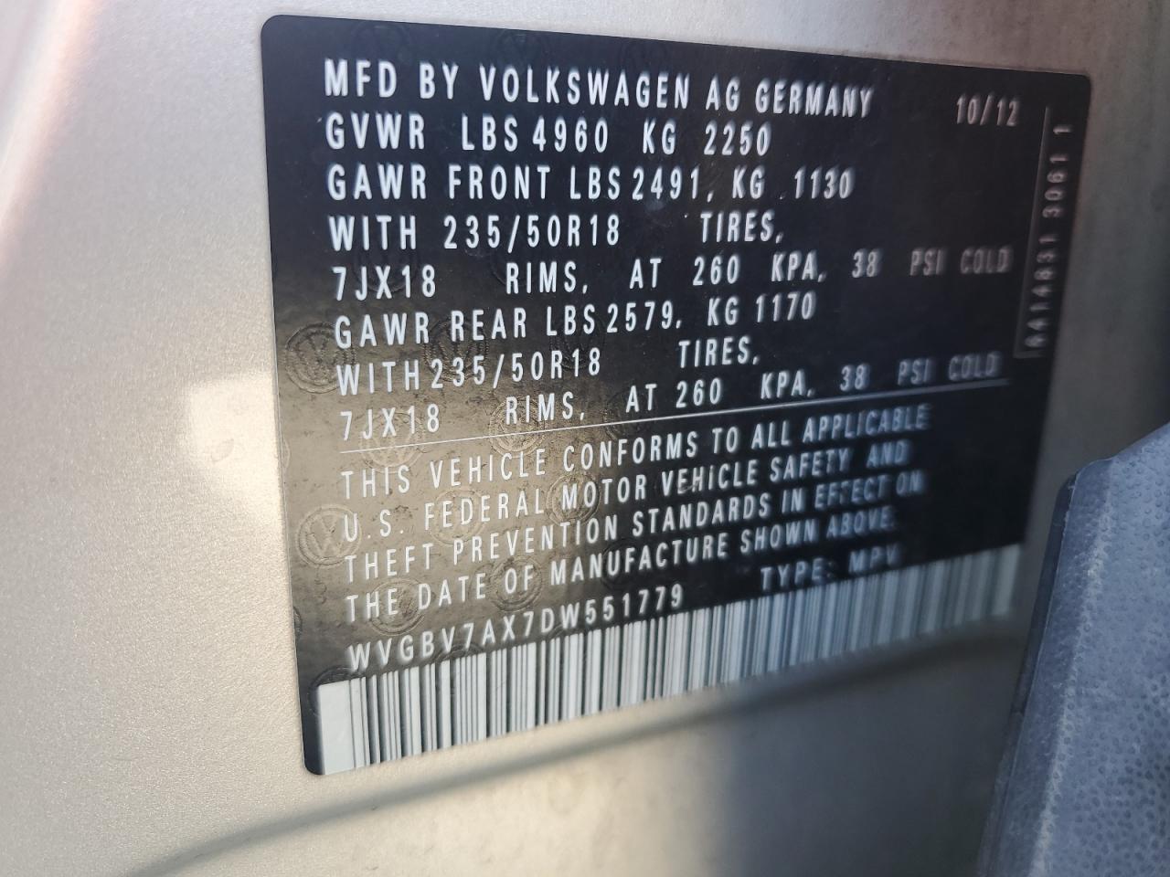 2013 Volkswagen Tiguan S VIN: WVGBV7AX7DW551779 Lot: 71186525