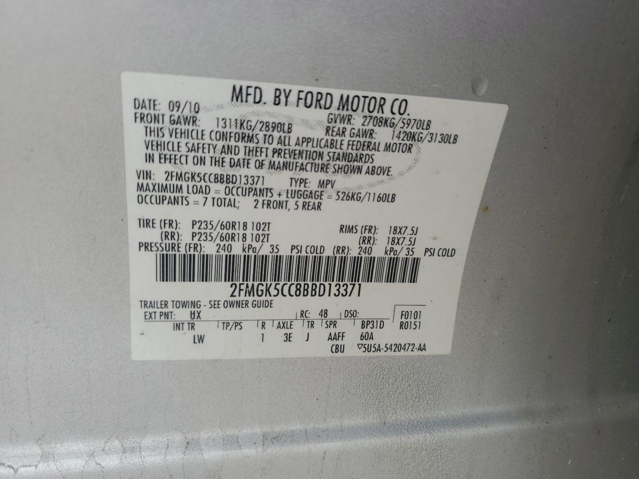 2011 Ford Flex Sel VIN: 2FMGK5CC8BBD13371 Lot: 81662485