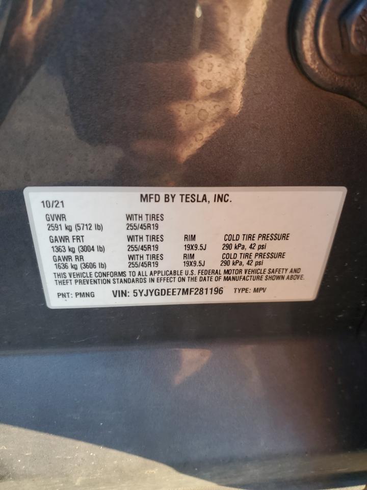 2021 Tesla Model Y VIN: 5YJYGDEE7MF281196 Lot: 80250505