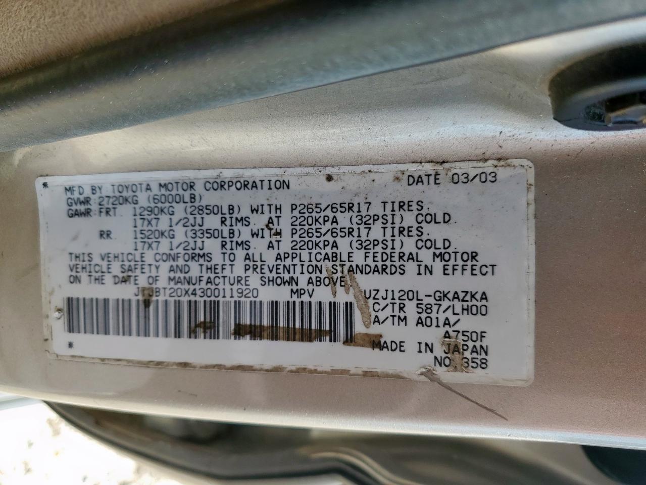 2003 Lexus Gx 470 VIN: JTJBT20X430011920 Lot: 81882585