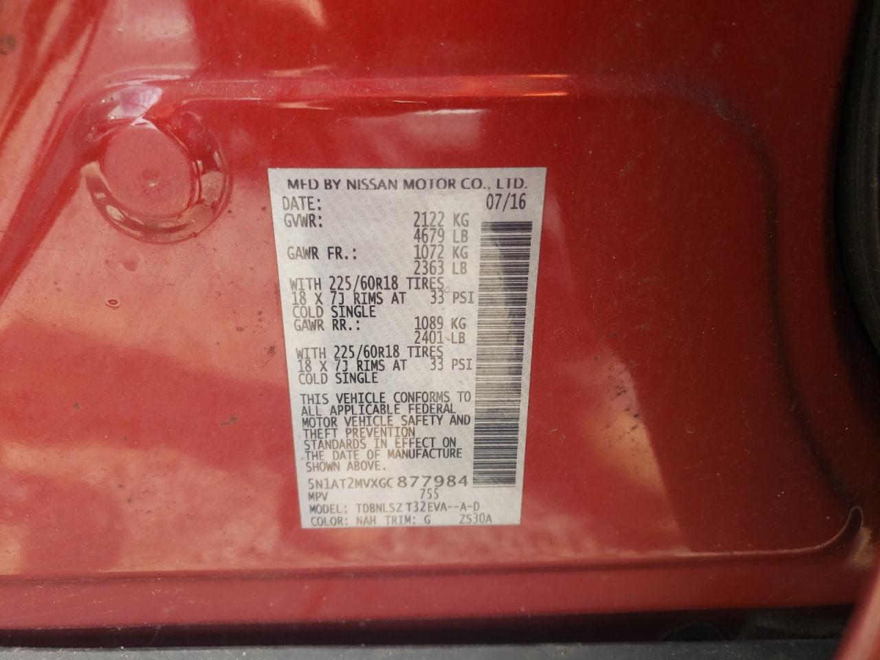 2016 Nissan Rogue S VIN: 5N1AT2MVXGC877984 Lot: 80277905