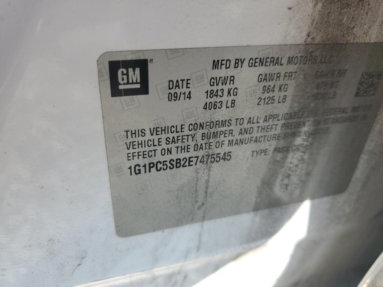 2014 Chevrolet Cruze Lt VIN: 1G1PC5SB2E7475545 Lot: 80914545