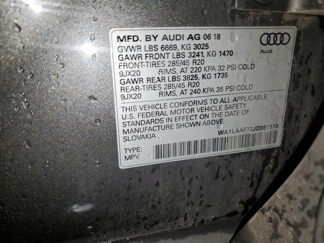 2018 Audi Q7 Premium Plus VIN: WA1LAAF72JD051119 Lot: 84735675