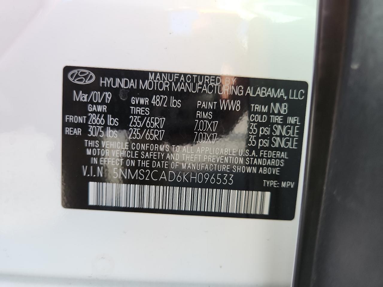 2019 Hyundai Santa Fe Se VIN: 5NMS2CAD6KH096533 Lot: 80280145