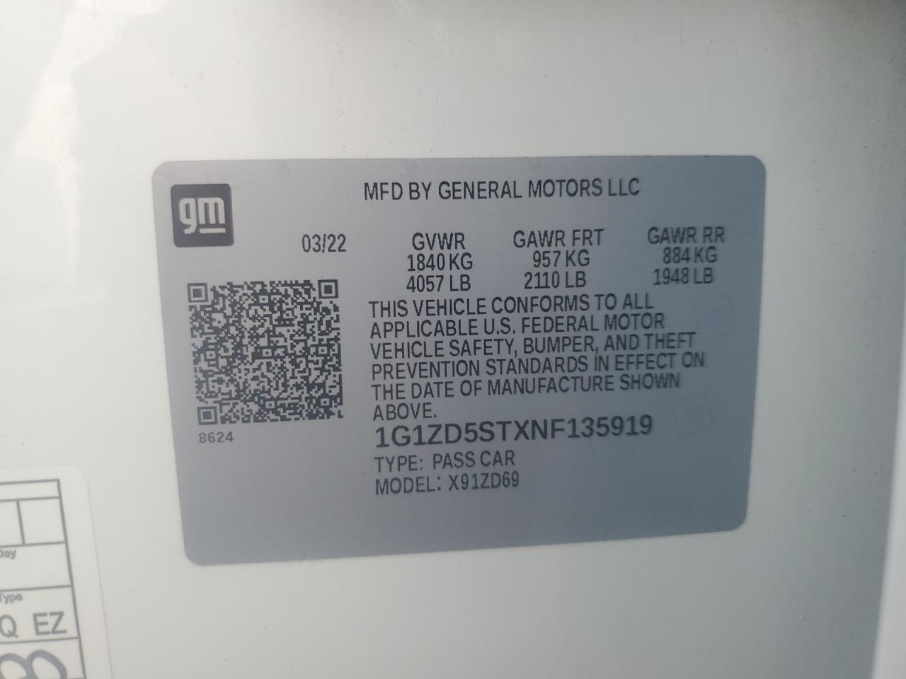 2022 Chevrolet Malibu Lt VIN: 1G1ZD5STXNF135919 Lot: 84297535