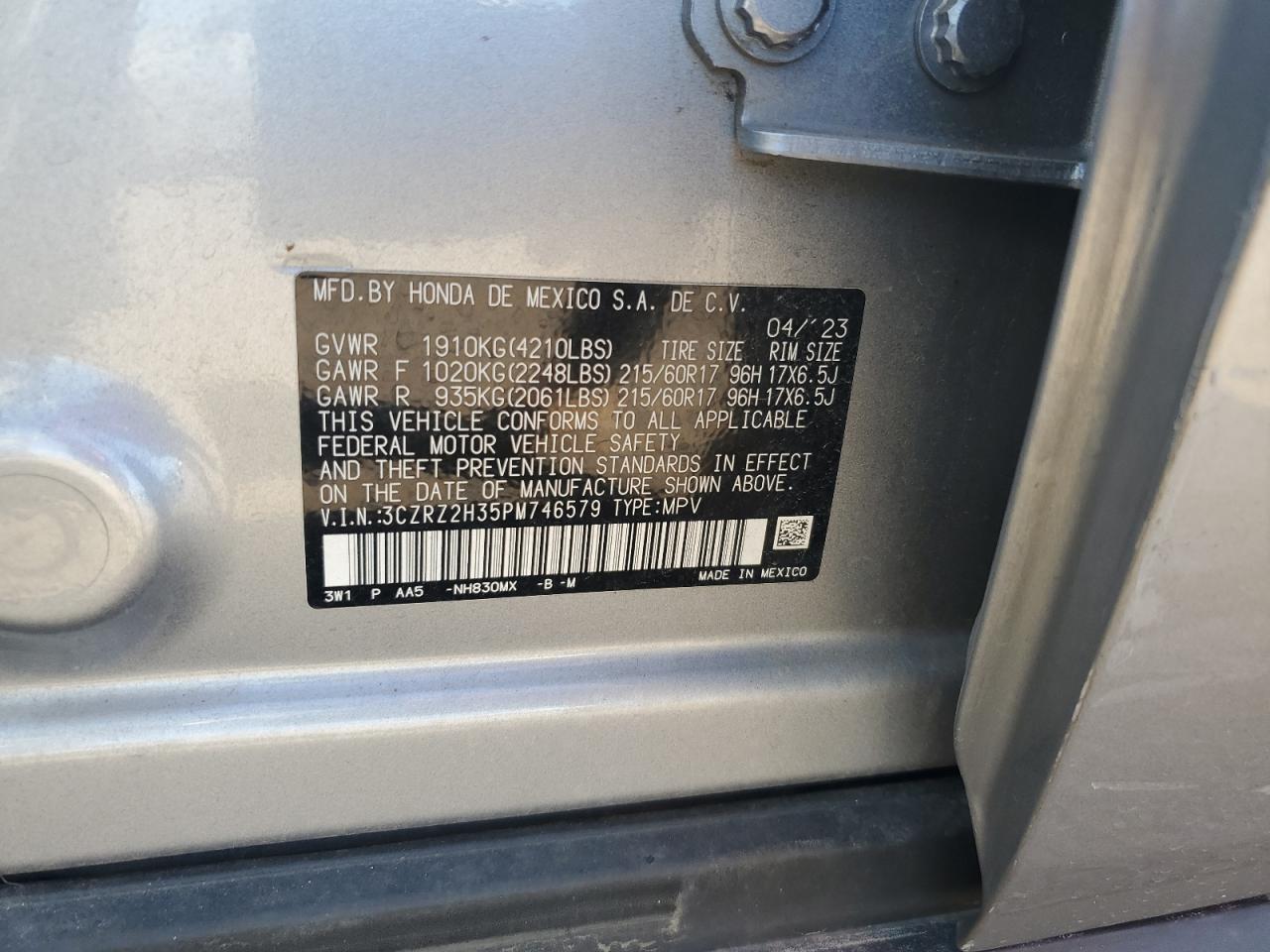 2023 Honda Hr-V Lx VIN: 3CZRZ2H35PM746579 Lot: 80259365