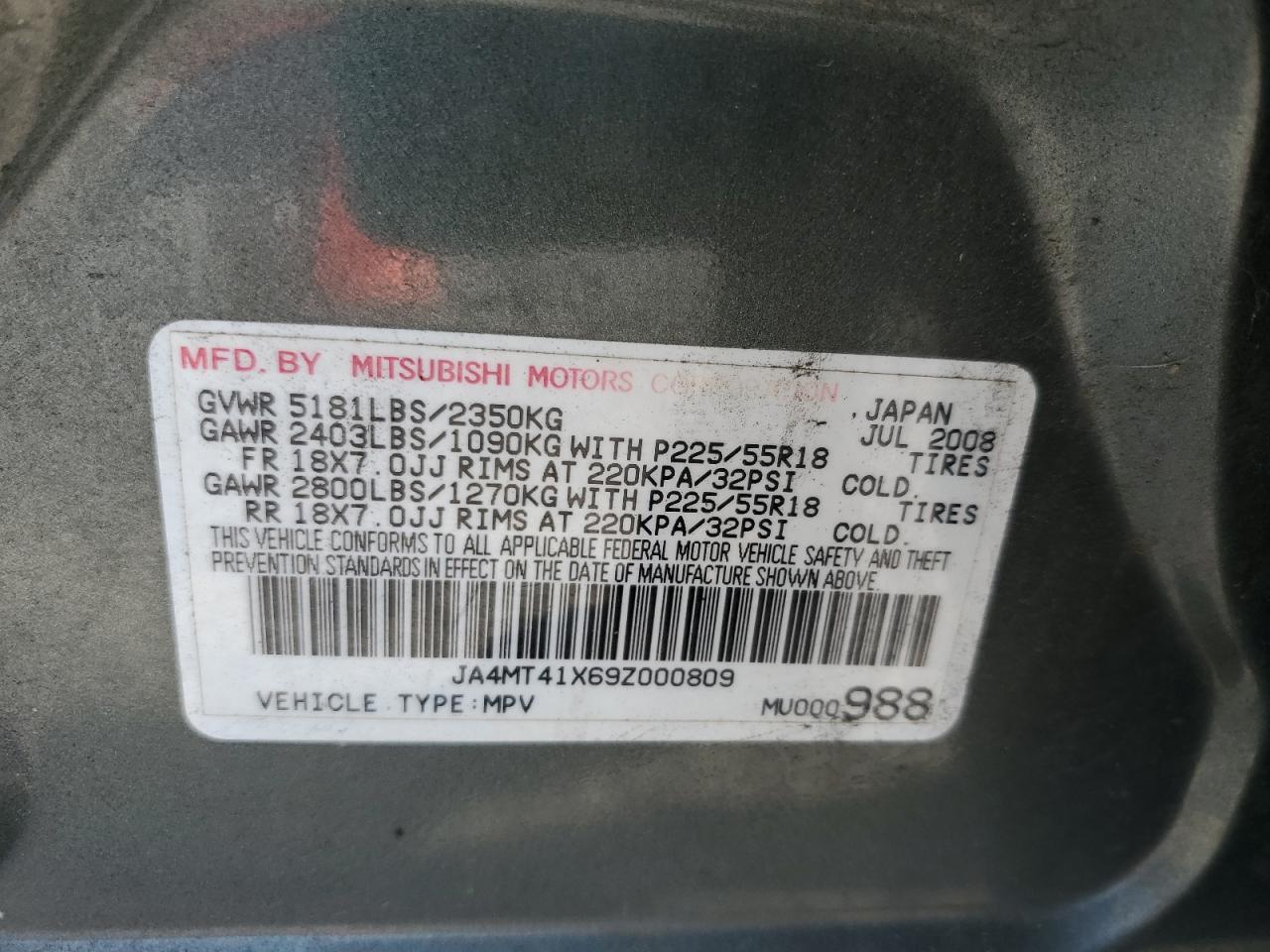 2009 Mitsubishi Outlander Xls VIN: JA4MT41X69Z000809 Lot: 71307355