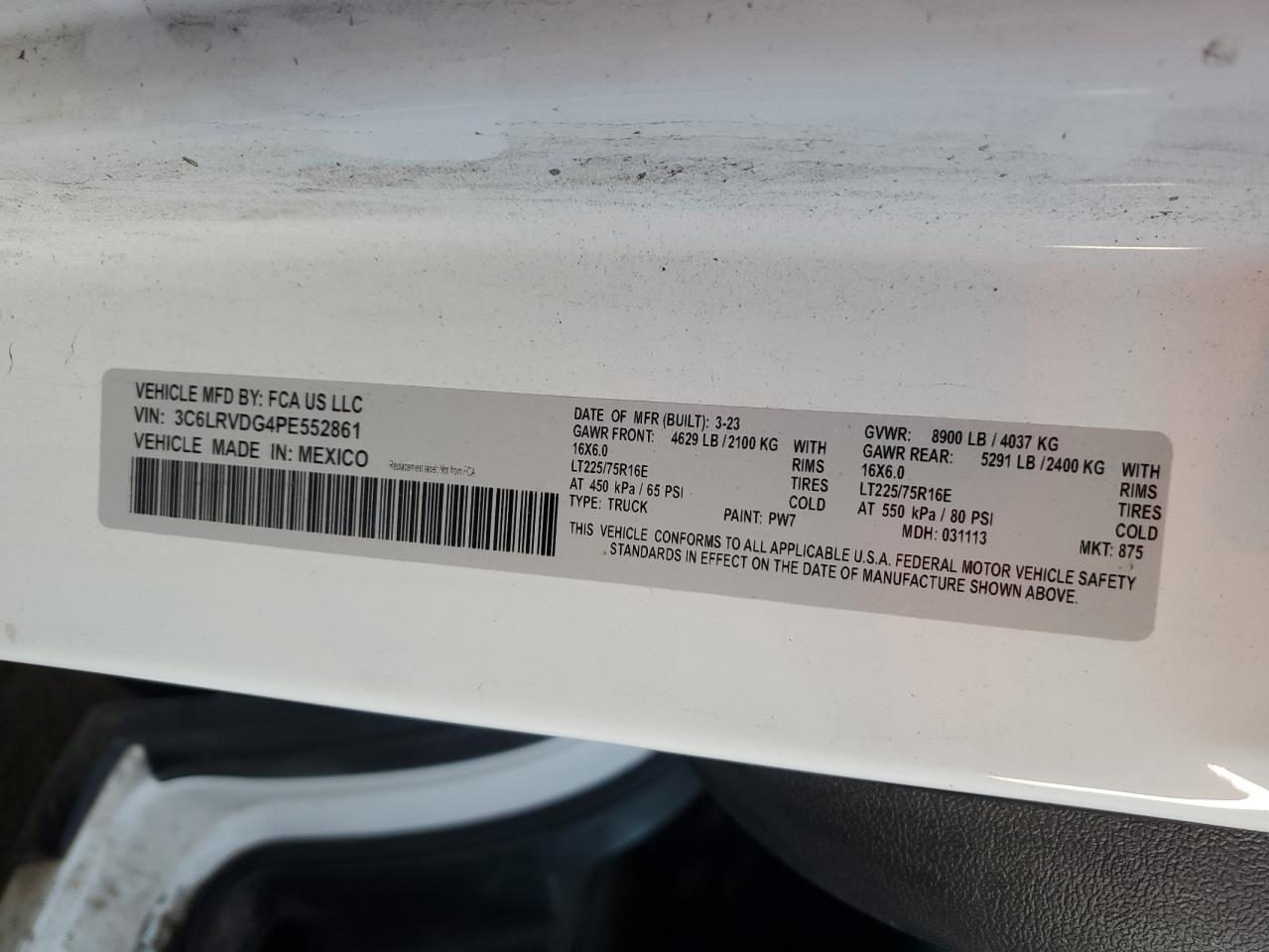 2023 Ram Promaster 2500 2500 High VIN: 3C6LRVDG4PE552861 Lot: 82064685