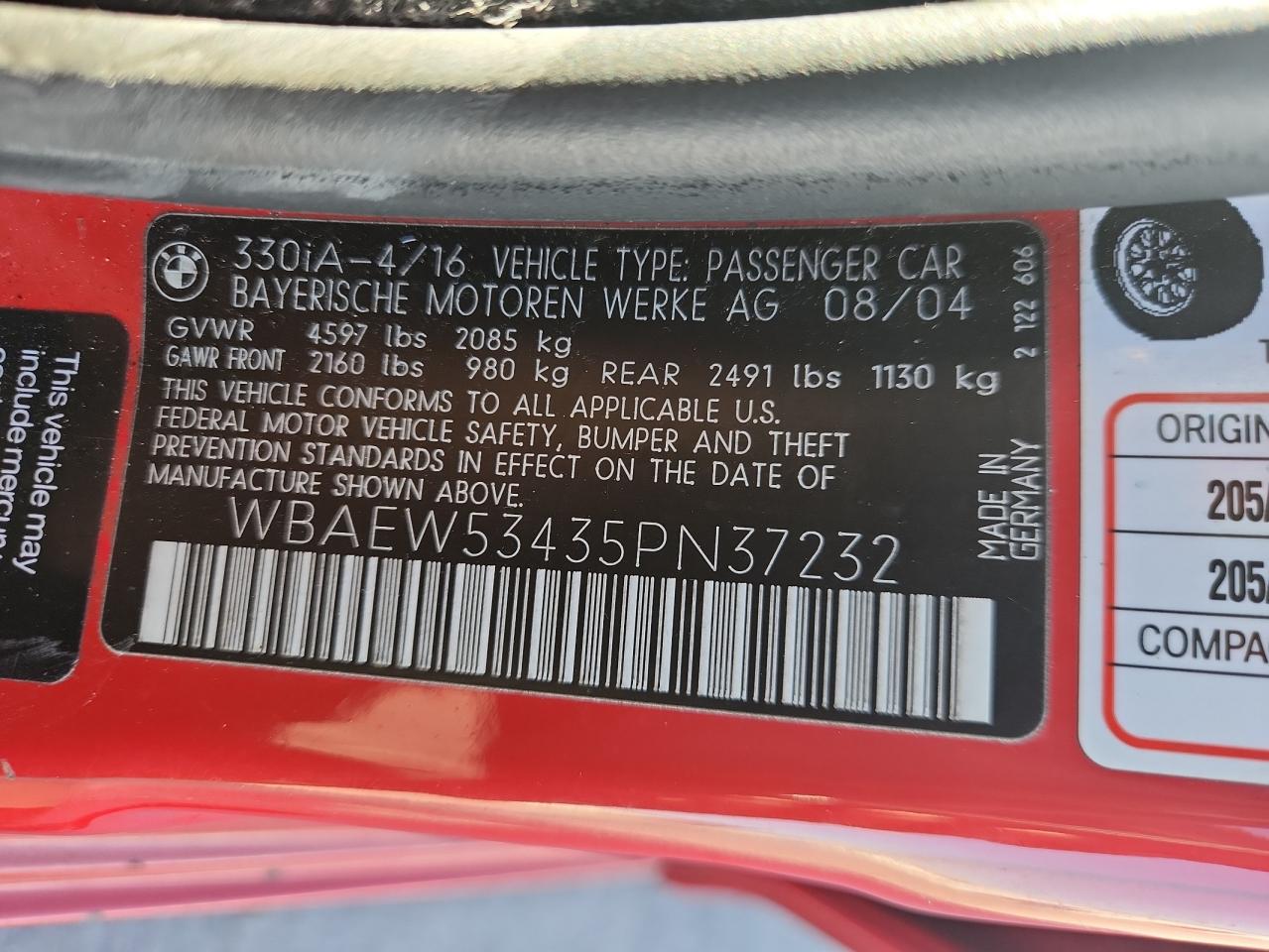 2005 BMW 330 Xi VIN: WBAEW53435PN37232 Lot: 84393915