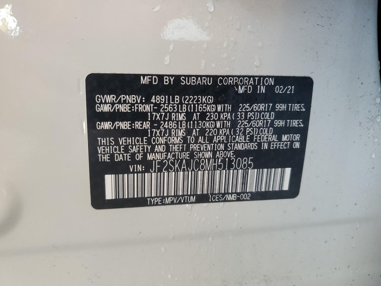 2021 Subaru Forester Premium VIN: JF2SKAJC8MH513085 Lot: 82034185