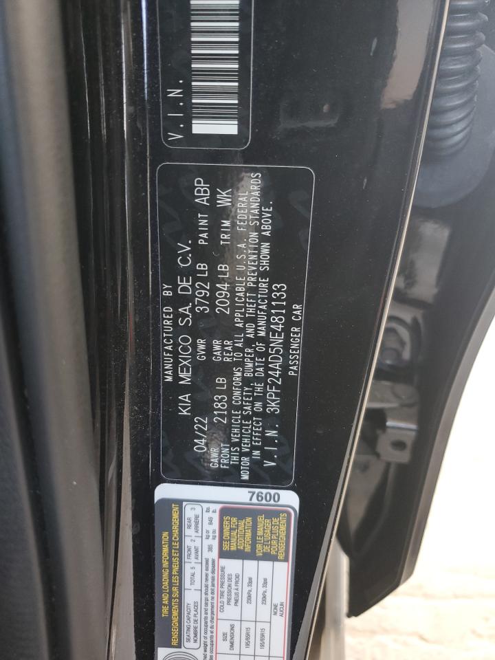 2022 Kia Forte Fe VIN: 3KPF24AD5NE481133 Lot: 71690995