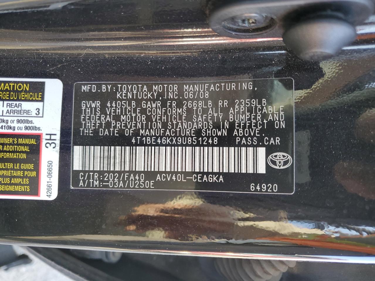 2009 Toyota Camry Base VIN: 4T1BE46KX9U851248 Lot: 80705375