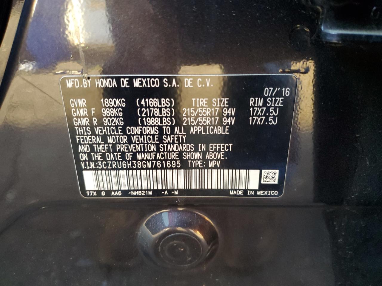 2016 Honda Hr-V Lx VIN: 3CZRU6H38GM761695 Lot: 82134005