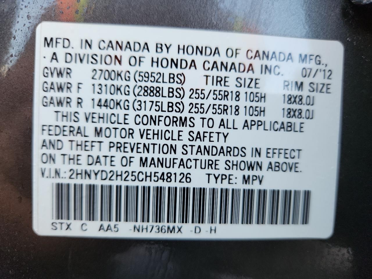 2012 Acura Mdx VIN: 2HNYD2H25CH548126 Lot: 81053725