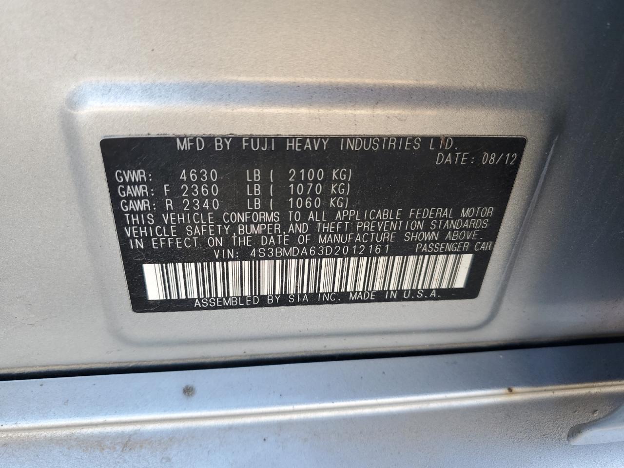 2013 Subaru Legacy 3.6R VIN: 4S3BMDA63D2012161 Lot: 81893165