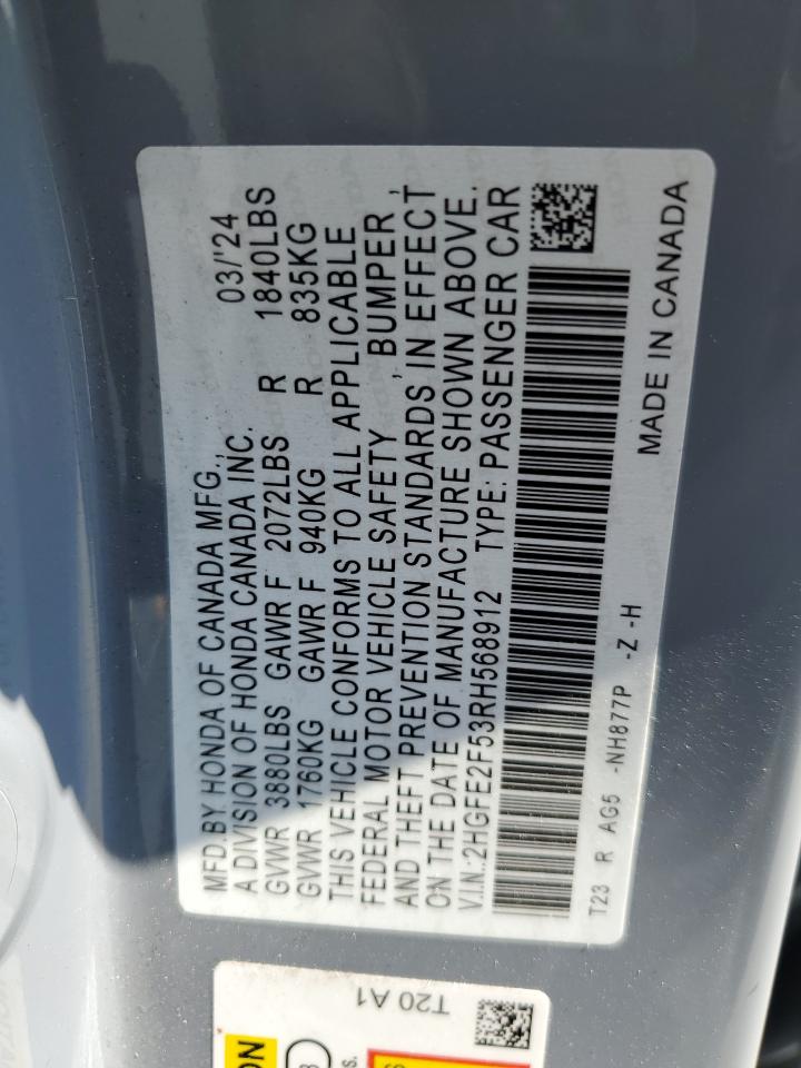 2024 Honda Civic Sport VIN: 2HGFE2F53RH568912 Lot: 81848435