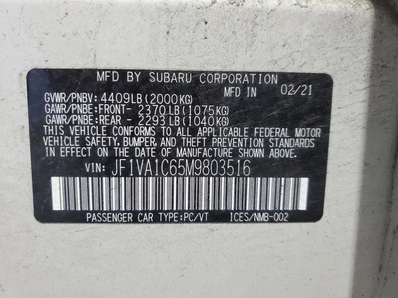 2021 Subaru Wrx Premium VIN: JF1VA1C65M9803516 Lot: 84463425