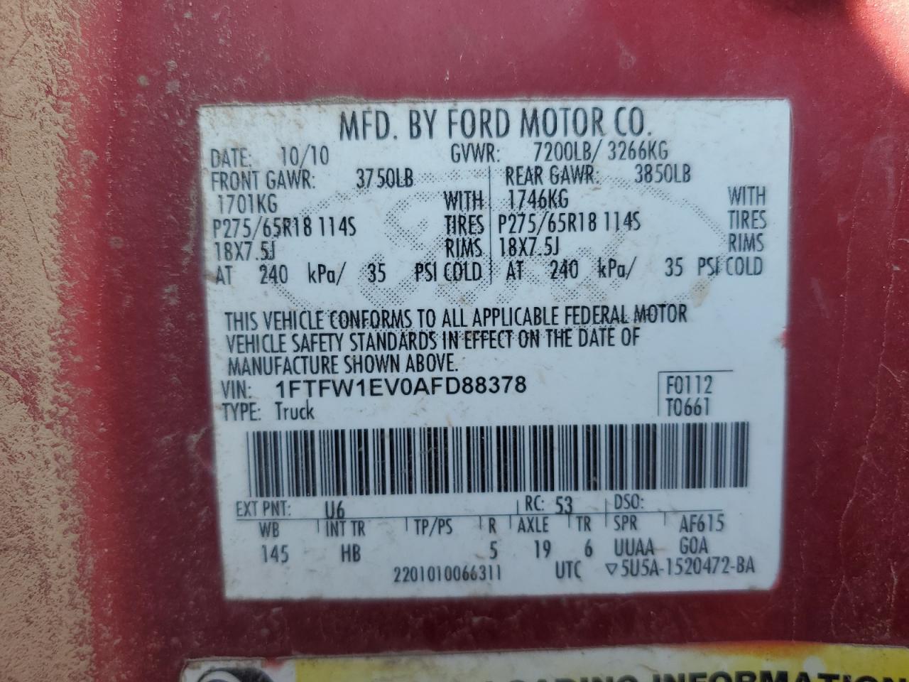 2010 Ford F150 Supercrew VIN: 1FTFW1EV0AFD88378 Lot: 82049375