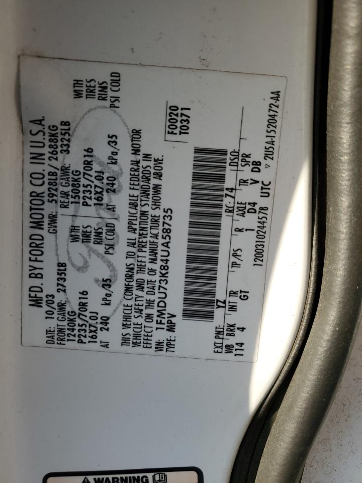 2004 Ford Explorer Xlt VIN: 1FMDU73K84UA58735 Lot: 71064585