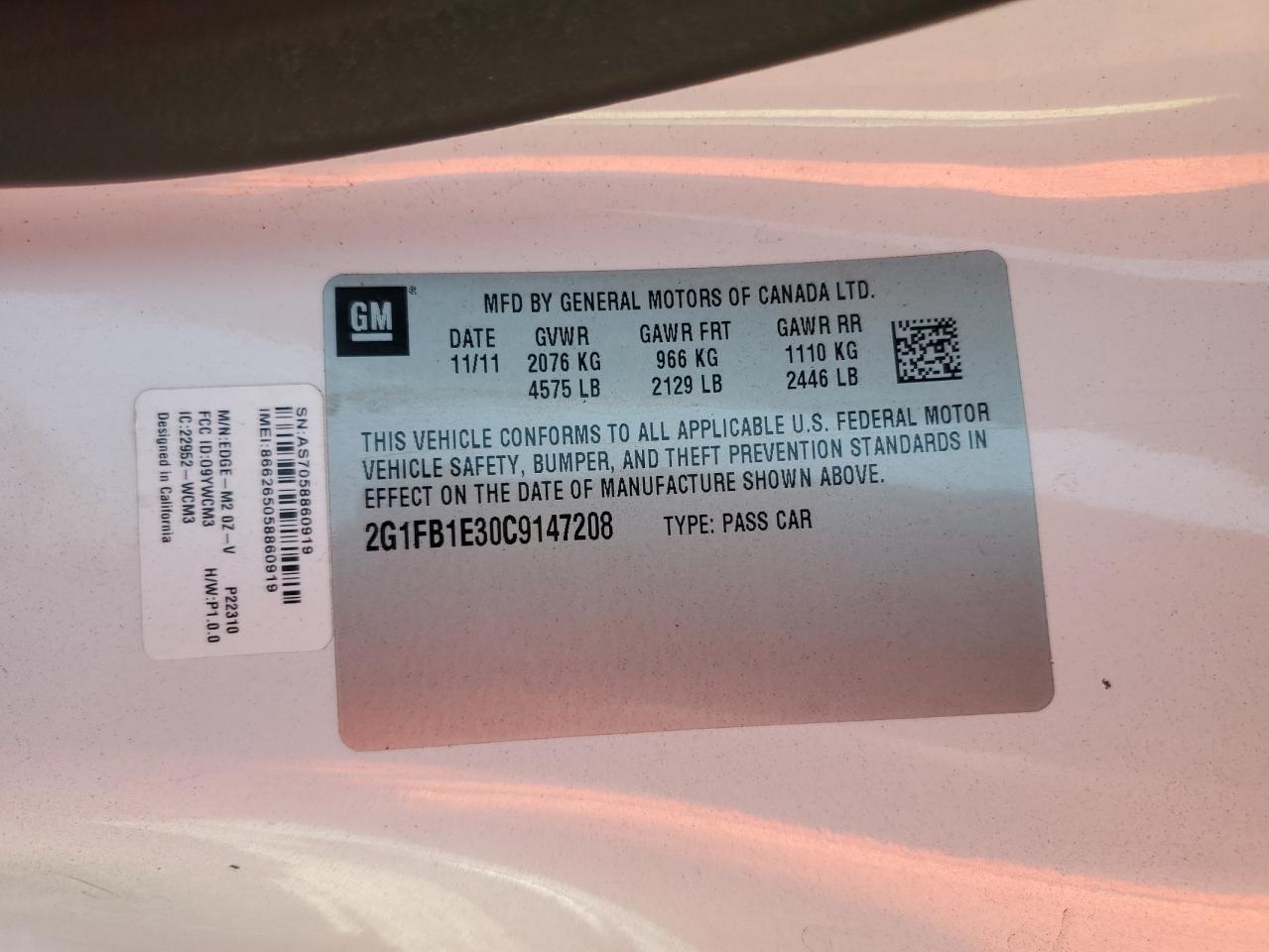 2012 Chevrolet Camaro Lt VIN: 2G1FB1E30C9147208 Lot: 87204895