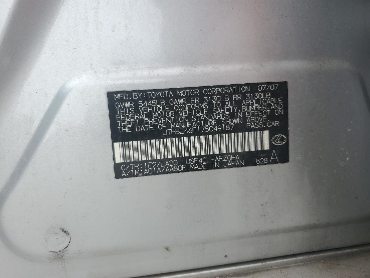 2007 Lexus Ls 460 VIN: JTHBL46F175049187 Lot: 84044085