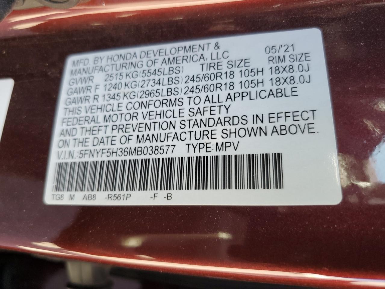 2021 Honda Pilot Ex VIN: 5FNYF5H36MB038577 Lot: 83857735