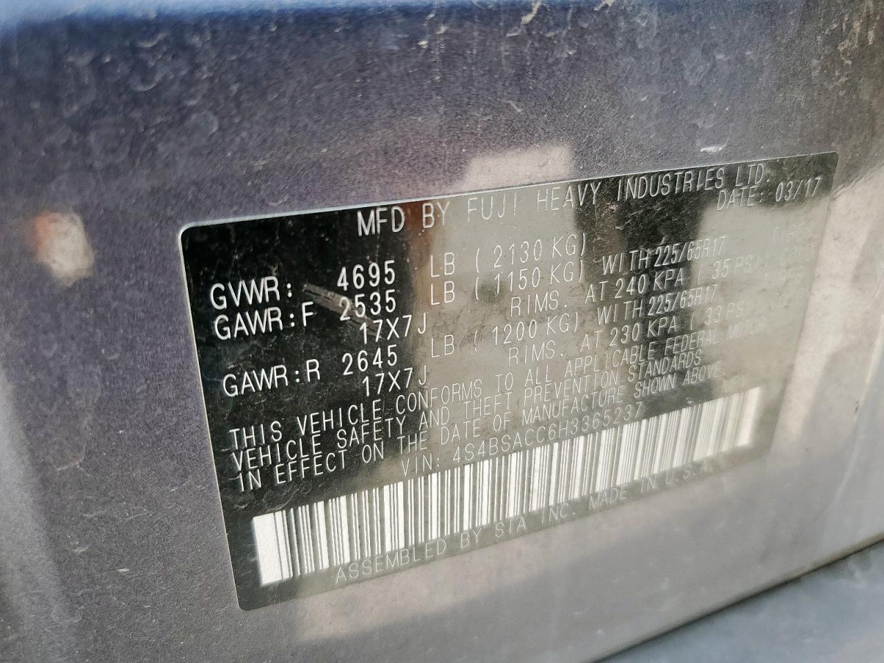 2017 Subaru Outback 2.5I Premium VIN: 4S4BSACC6H3365237 Lot: 84472215