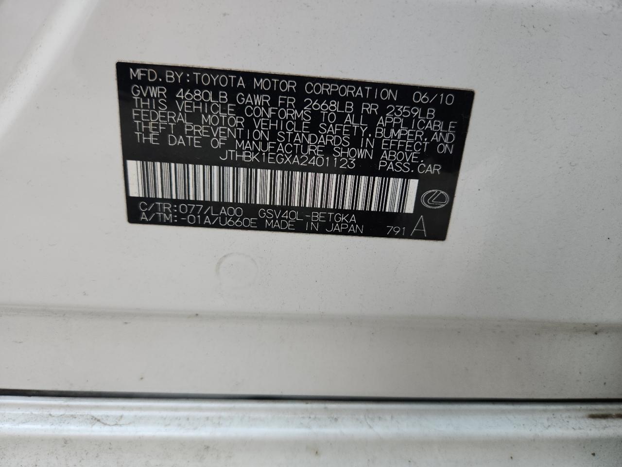 2010 Lexus Es 350 VIN: JTHBK1EGXA2401123 Lot: 84183565