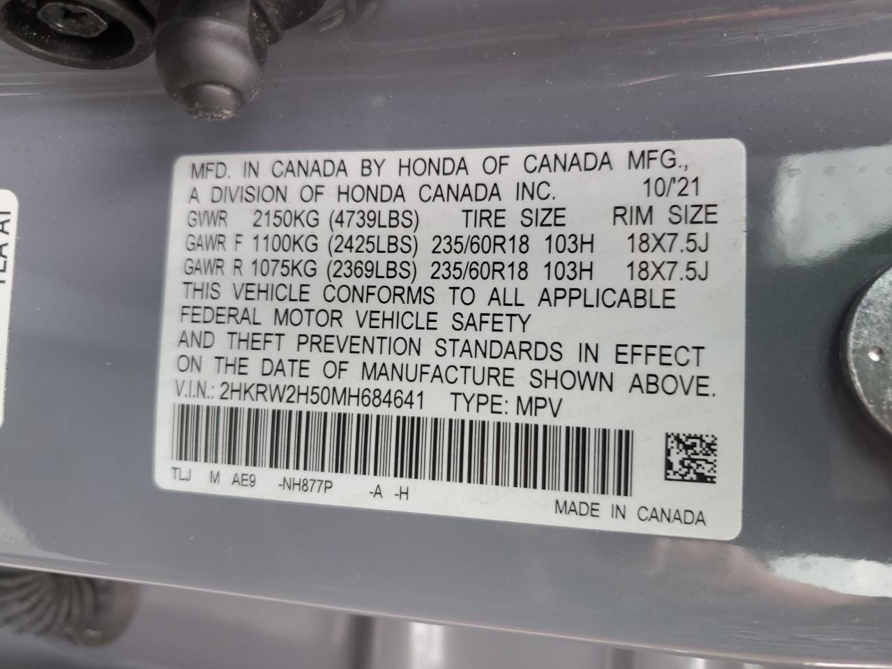 2021 Honda Cr-V Ex VIN: 2HKRW2H50MH684641 Lot: 82159505