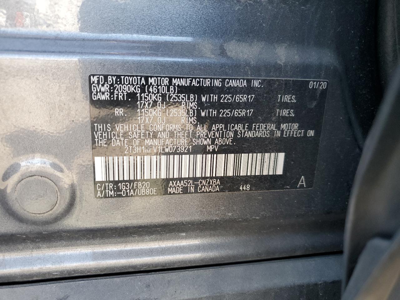 2020 Toyota Rav4 Le VIN: 2T3H1RFV1LW073921 Lot: 71244725