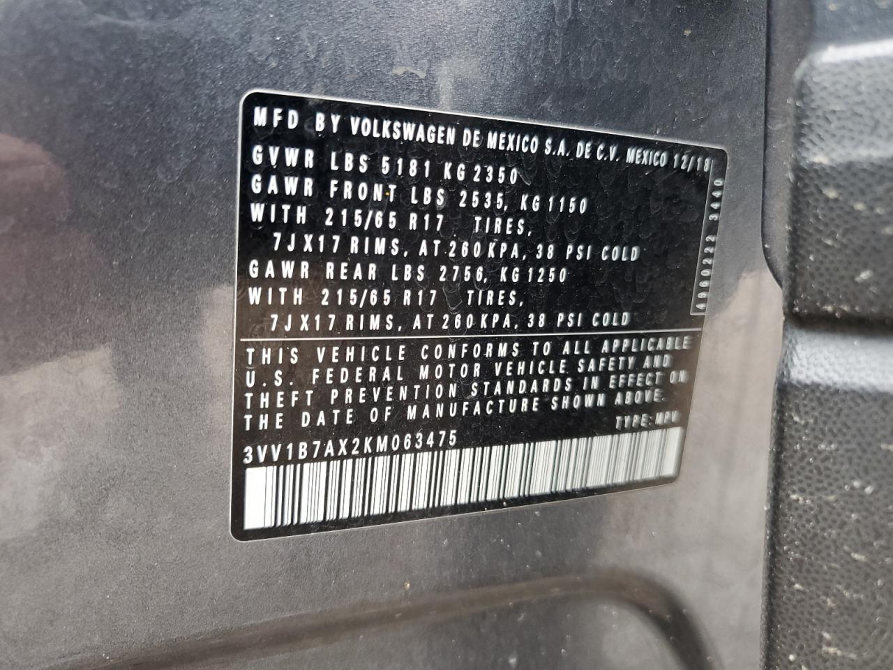 2019 Volkswagen Tiguan S VIN: 3VV1B7AX2KM063475 Lot: 80260635