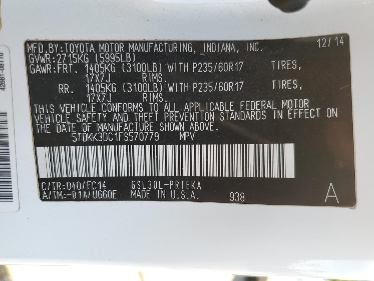 2015 Toyota Sienna Le VIN: 5TDKK3DC1FS570779 Lot: 70594095