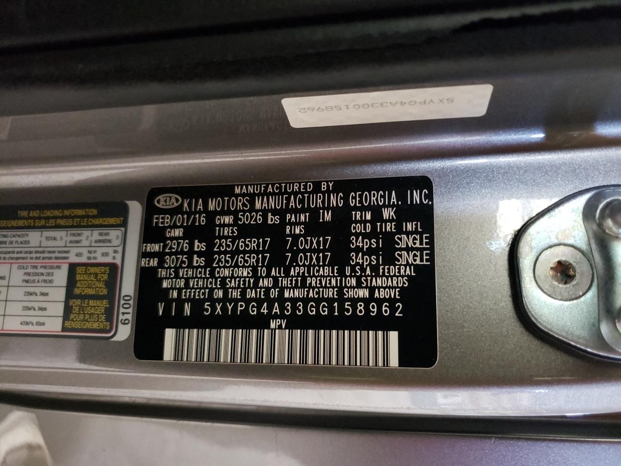 2016 Kia Sorento Lx VIN: 5XYPG4A33GG158962 Lot: 81030755